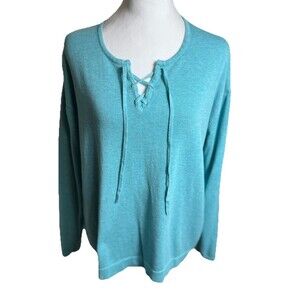 J. Jill Sweater Womens Large Turquoise Pullover Cotton Blend Lace Up Neckline